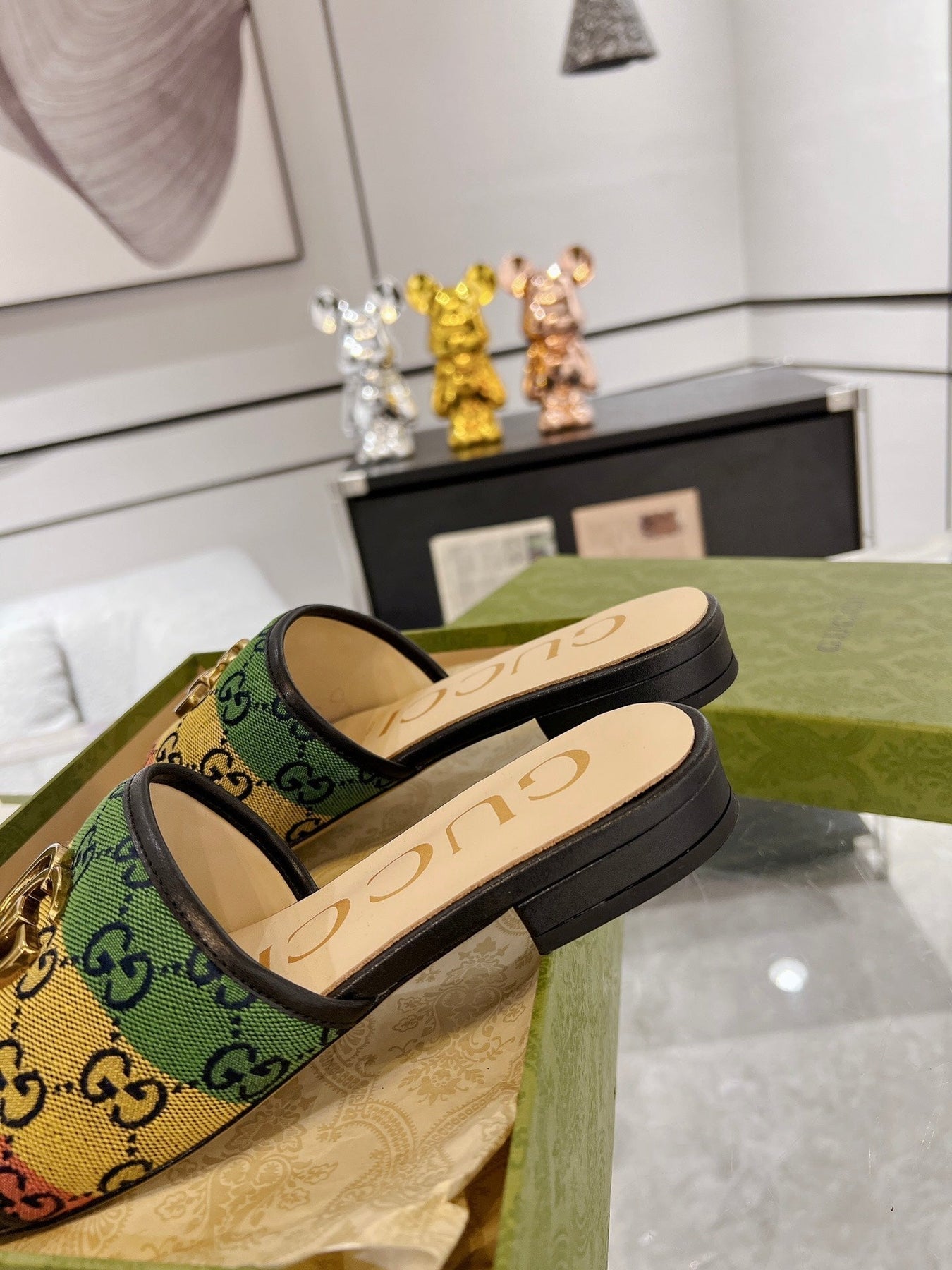 GG EXCLUSIVE SLIDE SANDAL BLACK AND CREAM FABRIC