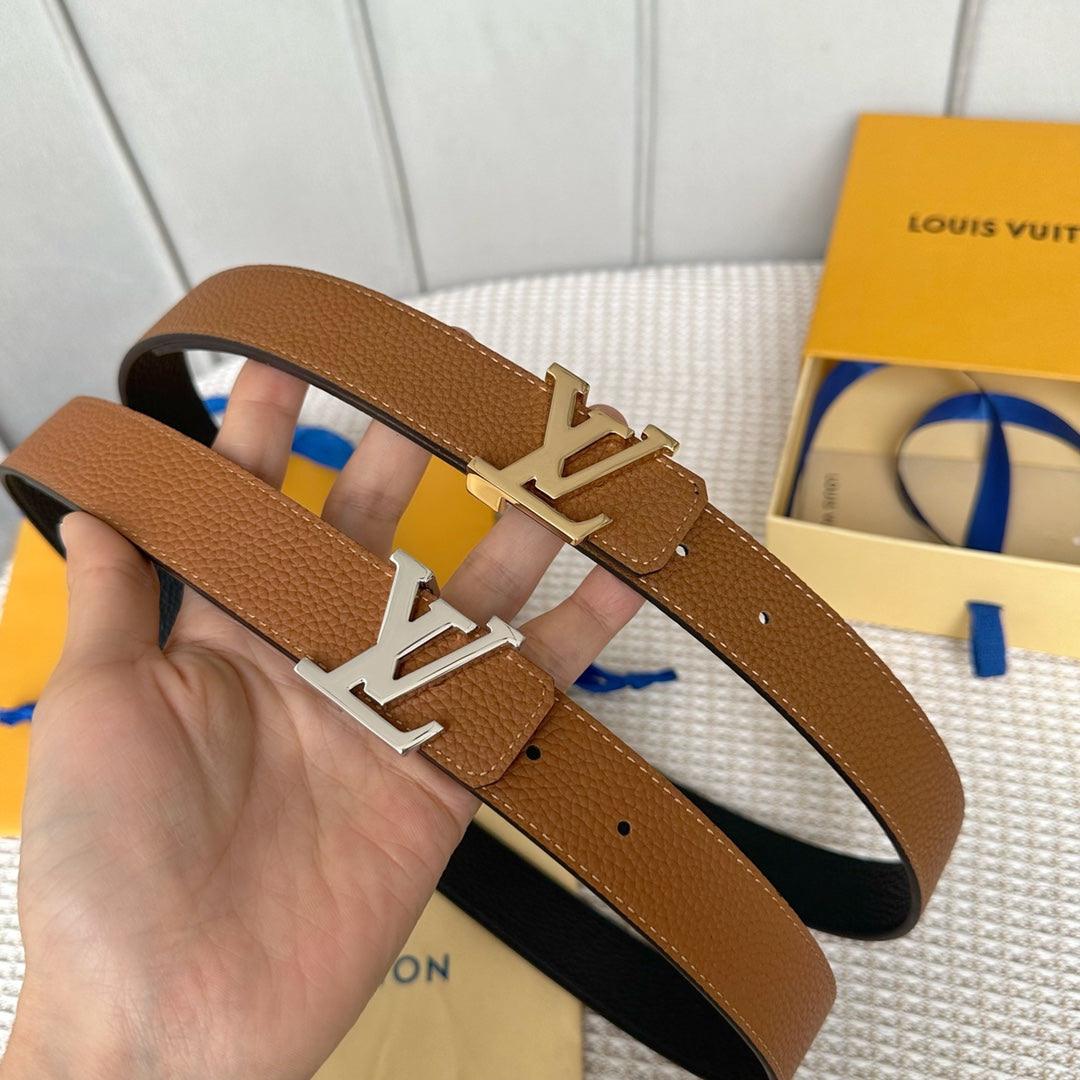 LV 30 MM BELTS IN BLACK AND BRONZE BROWN CALFSKIN SILVER HARDWARE