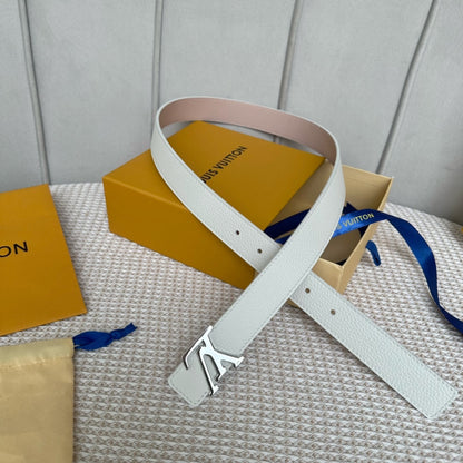 LV Initiales 30mm Reversible Belt Silver Buckle Pink White Leather