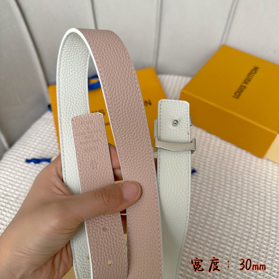 LV 30 MM BELTS IN WHITE AND PINK PASTEL CALFSKIN SILVER HARDWARE