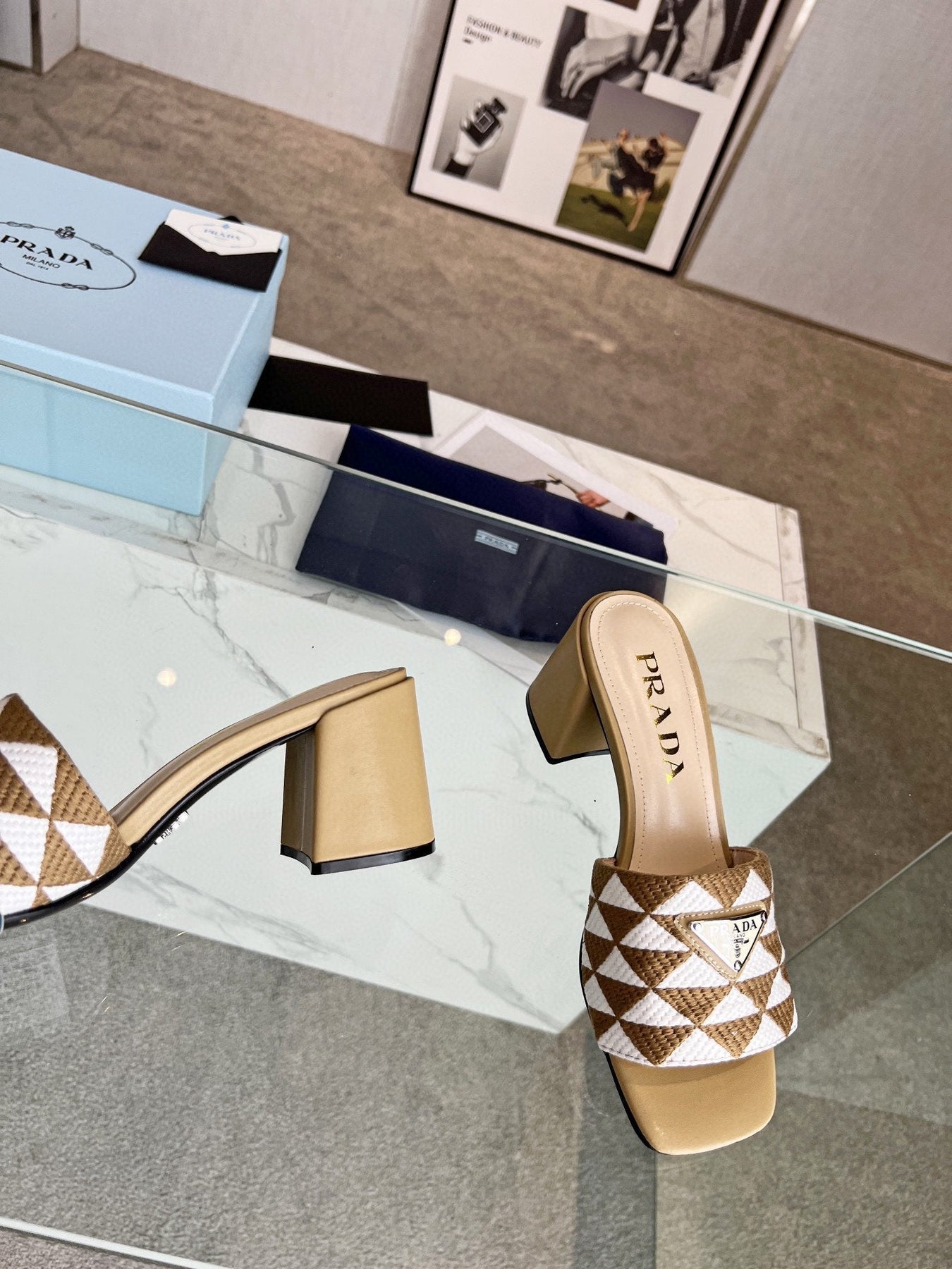 PRA EMBROIDERED SLIDES 65 TAWNY AND WHITE FABRIC