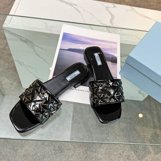 PRA EMBROIDERED SLIDES FLAT BLACK CALFSKIN