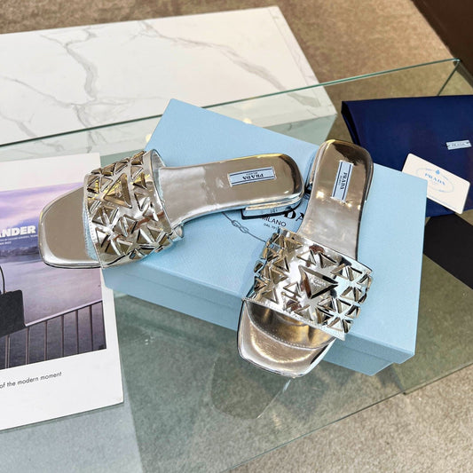 PRA EMBROIDERED SLIDES FLAT SILVER CALFSKIN