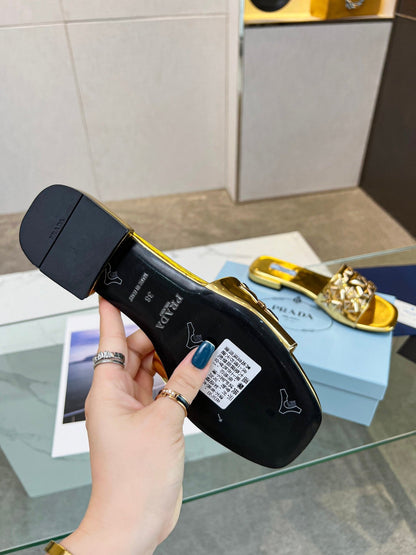 PRA EMBROIDERED SLIDES FLAT METALLIC GOLD CALFSKIN