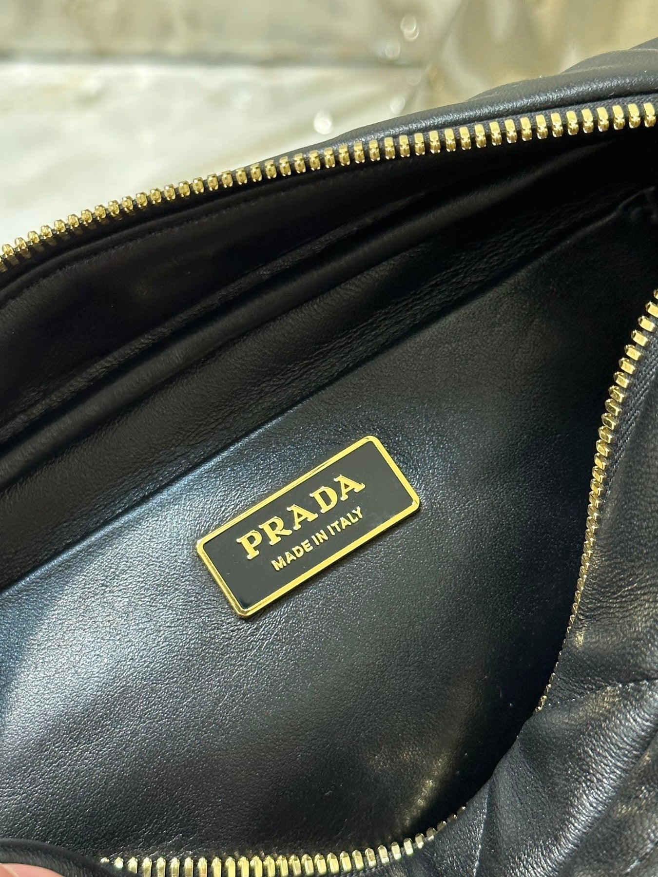 CAMERA BAG 22 IN BLACK TRIANGLE PATTERN QUILTED LAMBSKIN GOLD HARDWARE