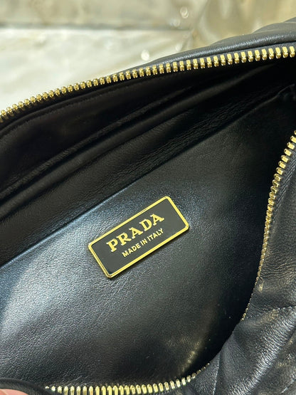 CAMERA BAG 22 IN BLACK TRIANGLE PATTERN QUILTED LAMBSKIN GOLD HARDWARE