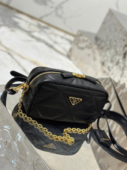 CAMERA BAG 22 IN BLACK TRIANGLE PATTERN QUILTED LAMBSKIN GOLD HARDWARE