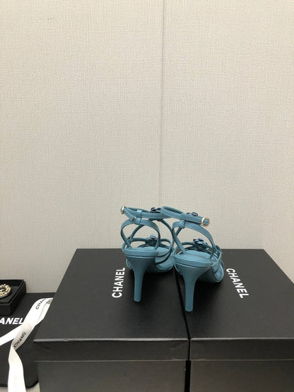 FLORAL HIGH HEEL SANDAL IN SAPPHIRE BLUE LAMBSKIN