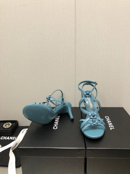 FLORAL HIGH HEEL SANDAL IN SAPPHIRE BLUE LAMBSKIN