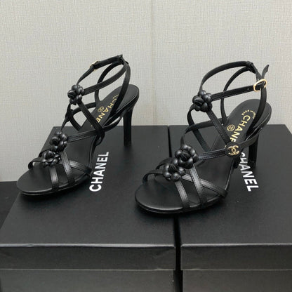 FLORAL HIGH HEEL SANDAL IN BLACK LAMBSKIN