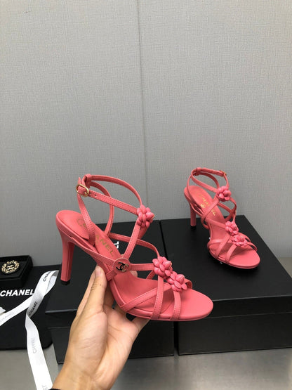 FLORAL HIGH HEEL SANDAL IN DARK PINK LAMBSKIN