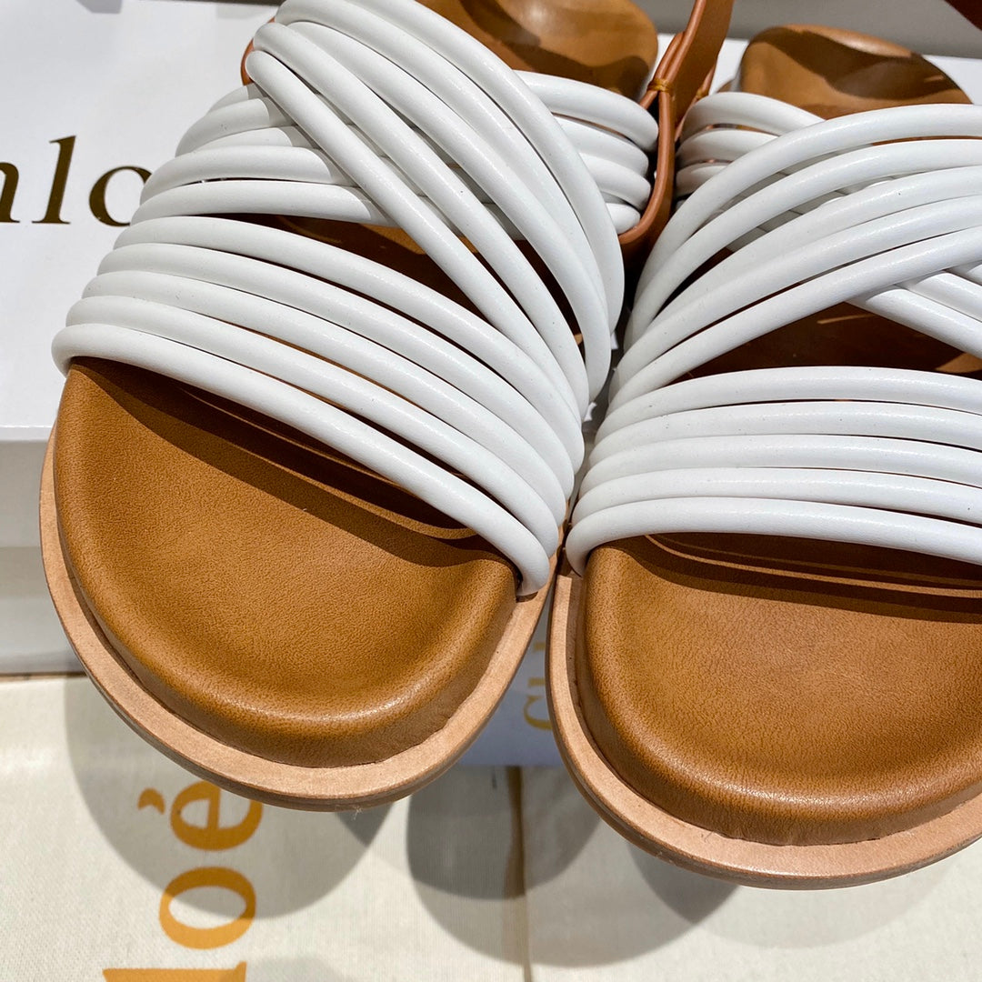 CROSS STRAP SANDAL IN WHITE MIX BRONZE BROWN RUBBER WITH GOLD HARDWARE