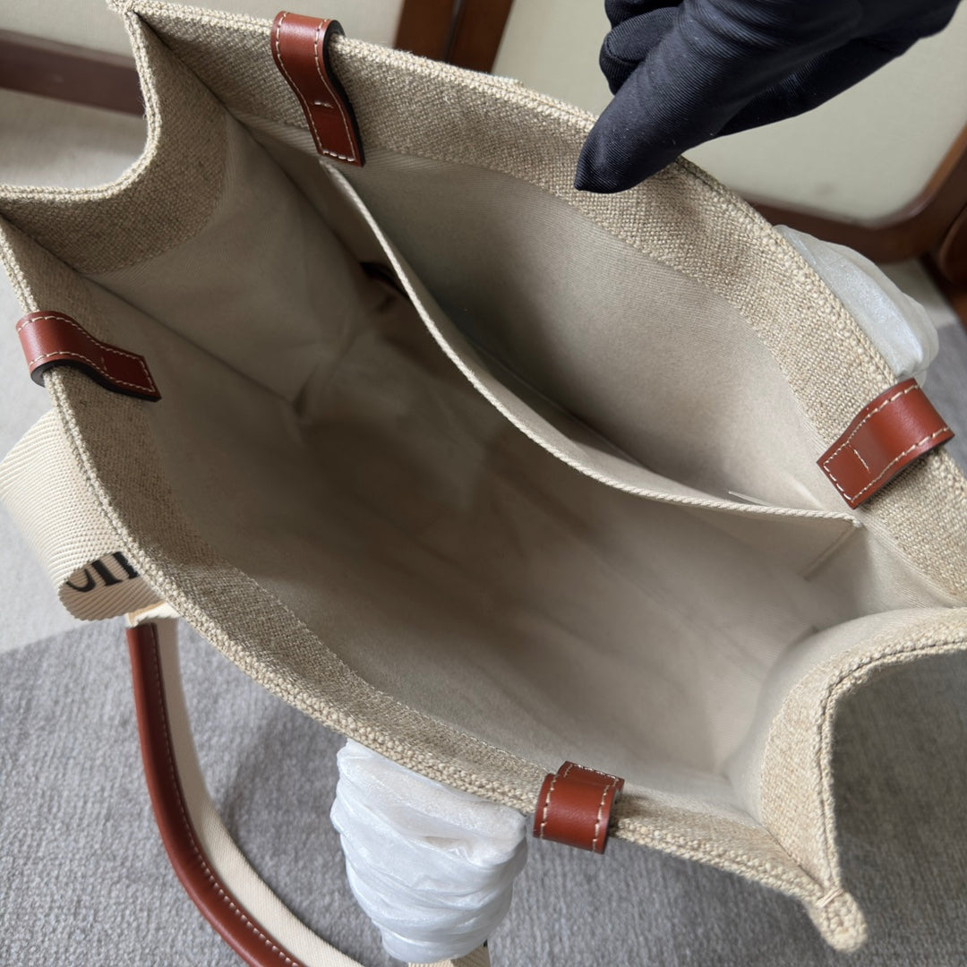 MY MELODY MEDIUM WOODY TOTE BAG 37 IN NATURAL FIBERS BEIGE WEBBING BROWN CALFSKIN