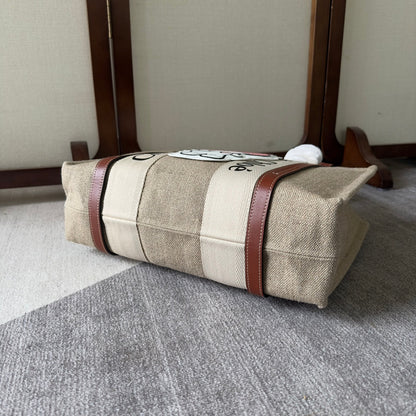 MY MELODY MEDIUM WOODY TOTE BAG 37 IN NATURAL FIBERS BEIGE WEBBING BROWN CALFSKIN