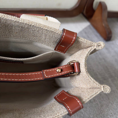 MY MELODY SMALL WOODY TOTE BAG 26.5 IN NATURAL FIBERS BEIGE WEBBING BROWN CALFSKIN