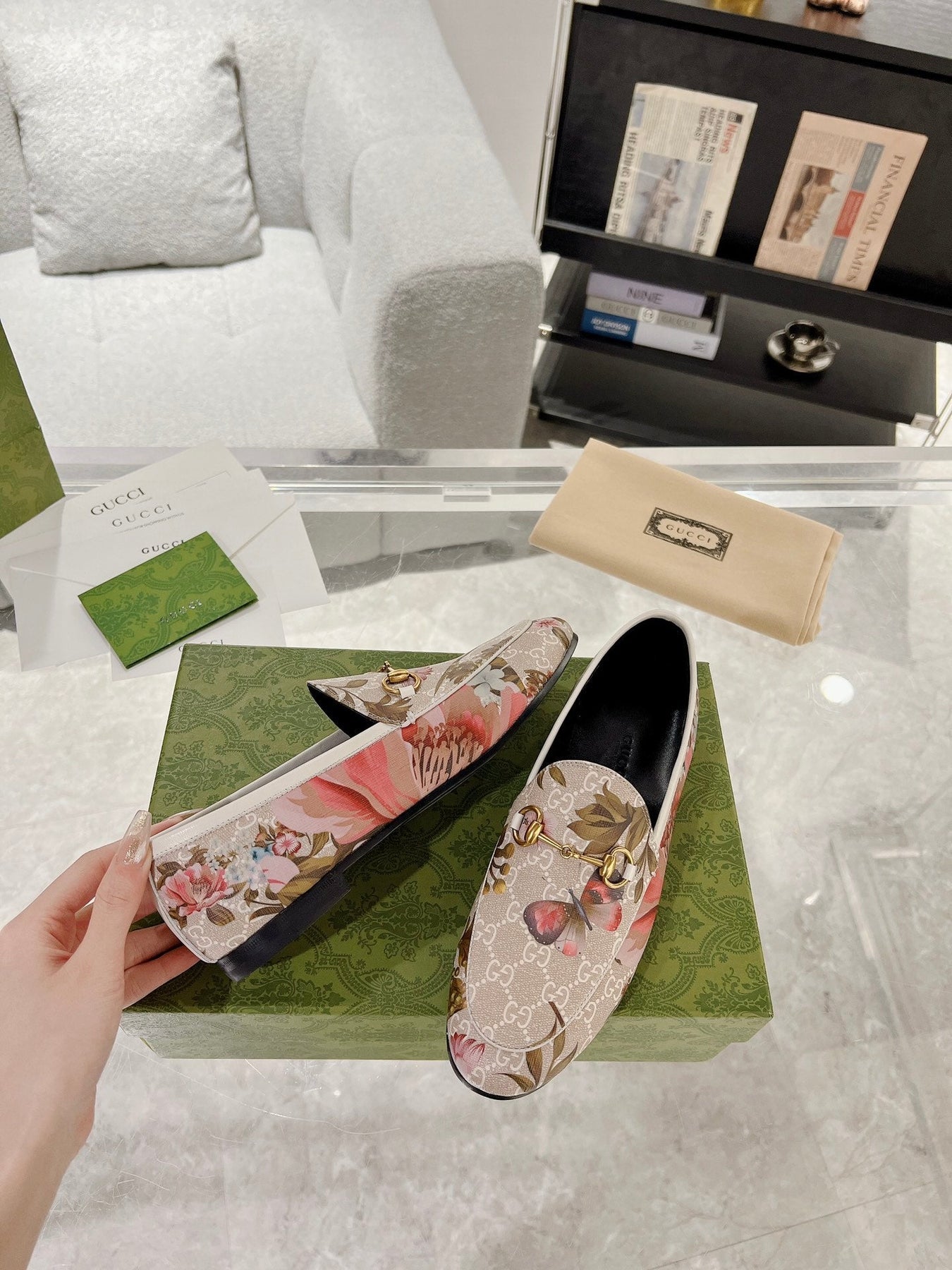 HORSEBIT LOAFER WITH FLOWER PRINT IN LINEN BEIGE MONOGRAM JACQUARD FABRIC