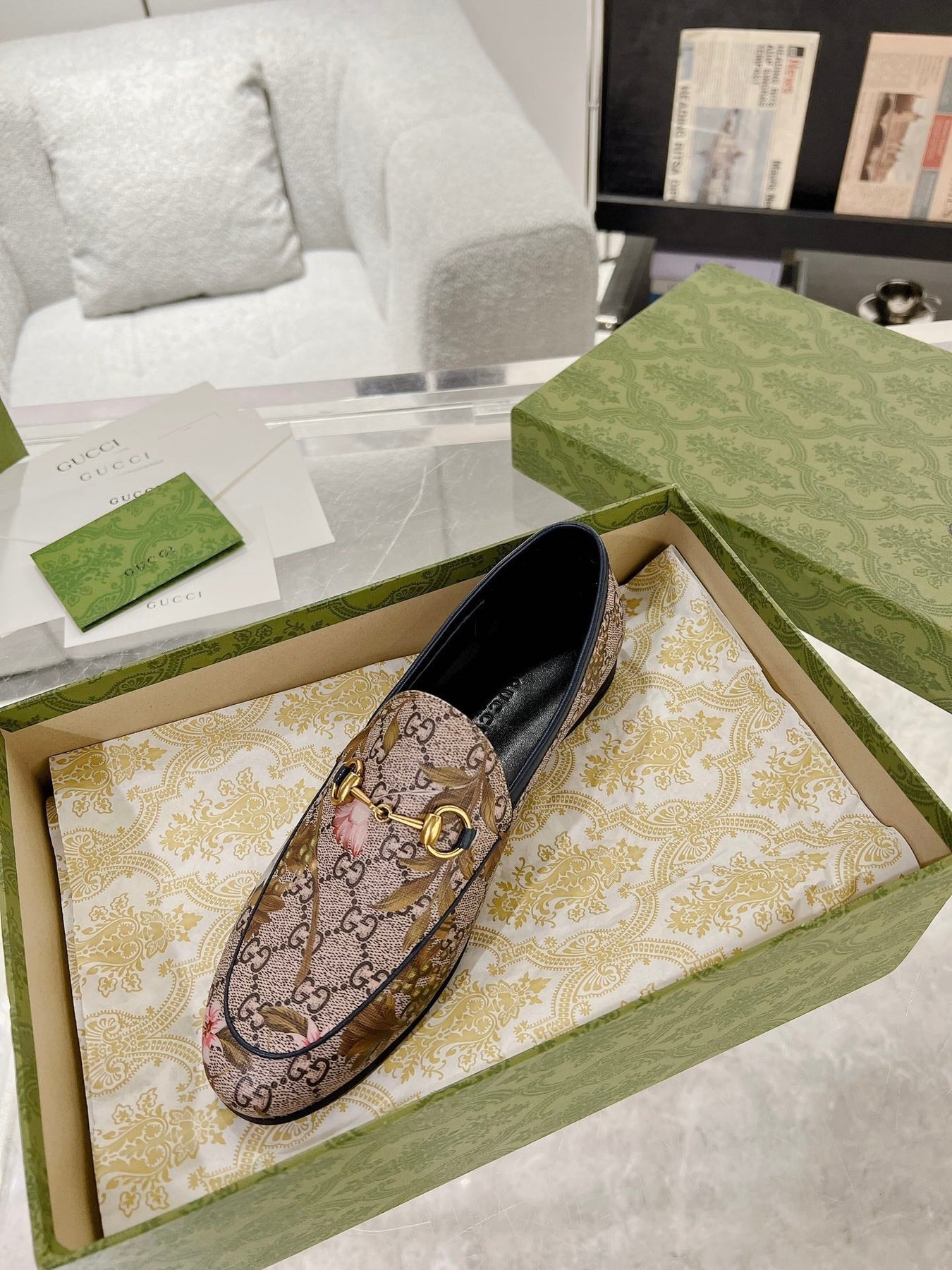 HORSEBIT LOAFER WITH FLOWER PRINT IN DARK BEIGE MONOGRAM JACQUARD FABRIC