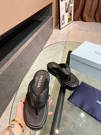 PRA THONG FLATFORM SANDALS BLACK LAMBSKIN