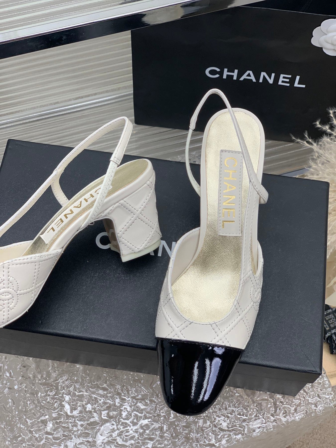 HIGH SLINGBACKS 65 WHITE MIX BLACK CALFSKIN