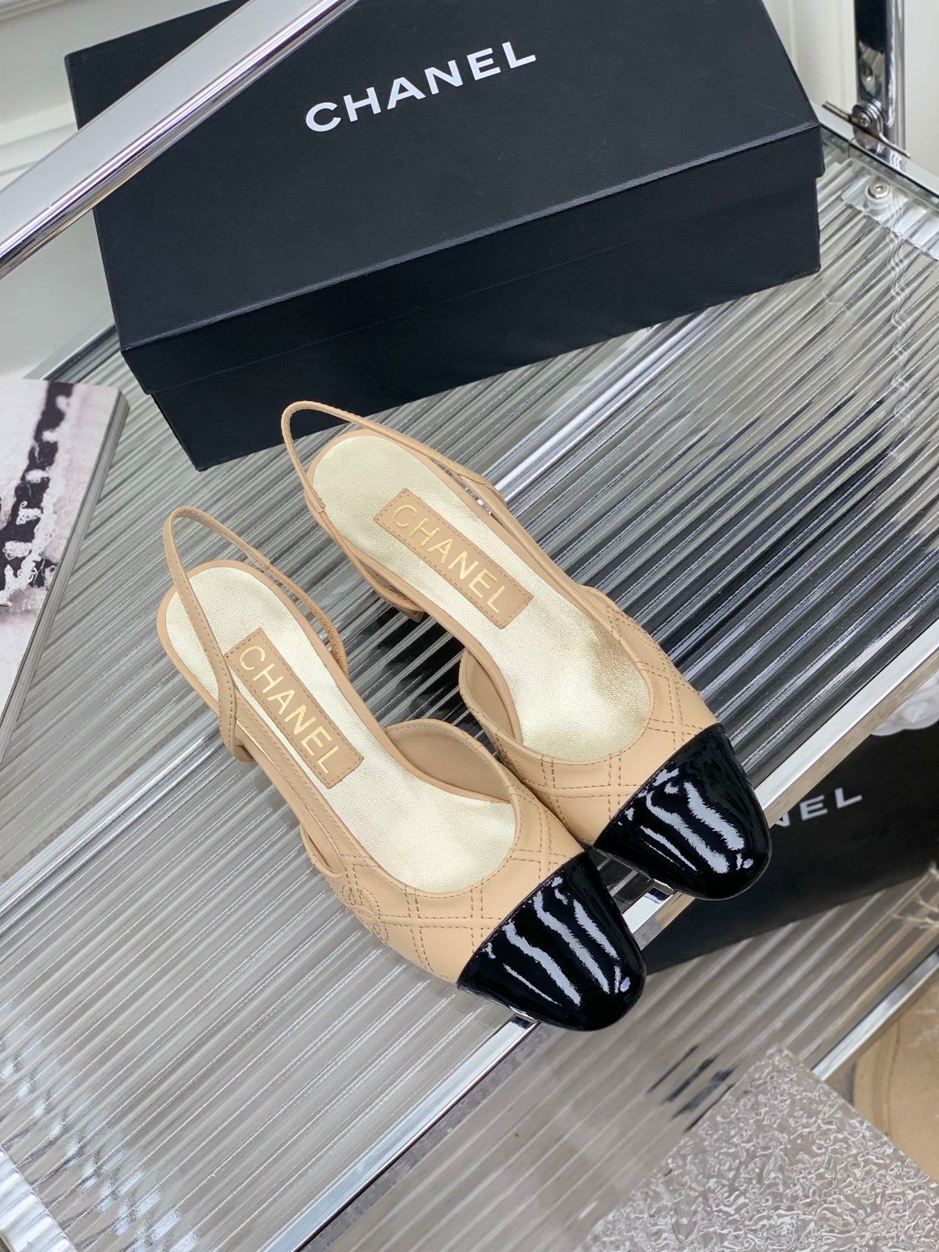 HIGH SLINGBACKS 65 BEIGE CREAM MIX BLACK CALFSKIN