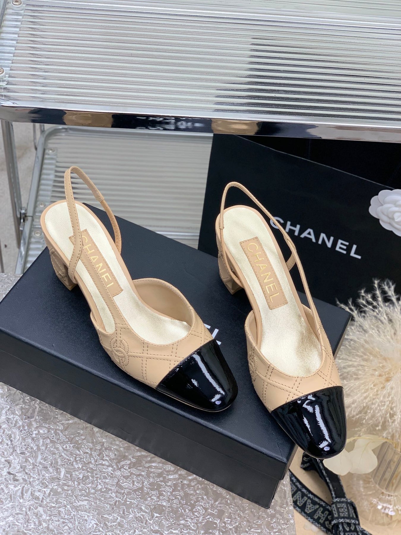 HIGH SLINGBACKS 65 BEIGE CREAM MIX BLACK CALFSKIN