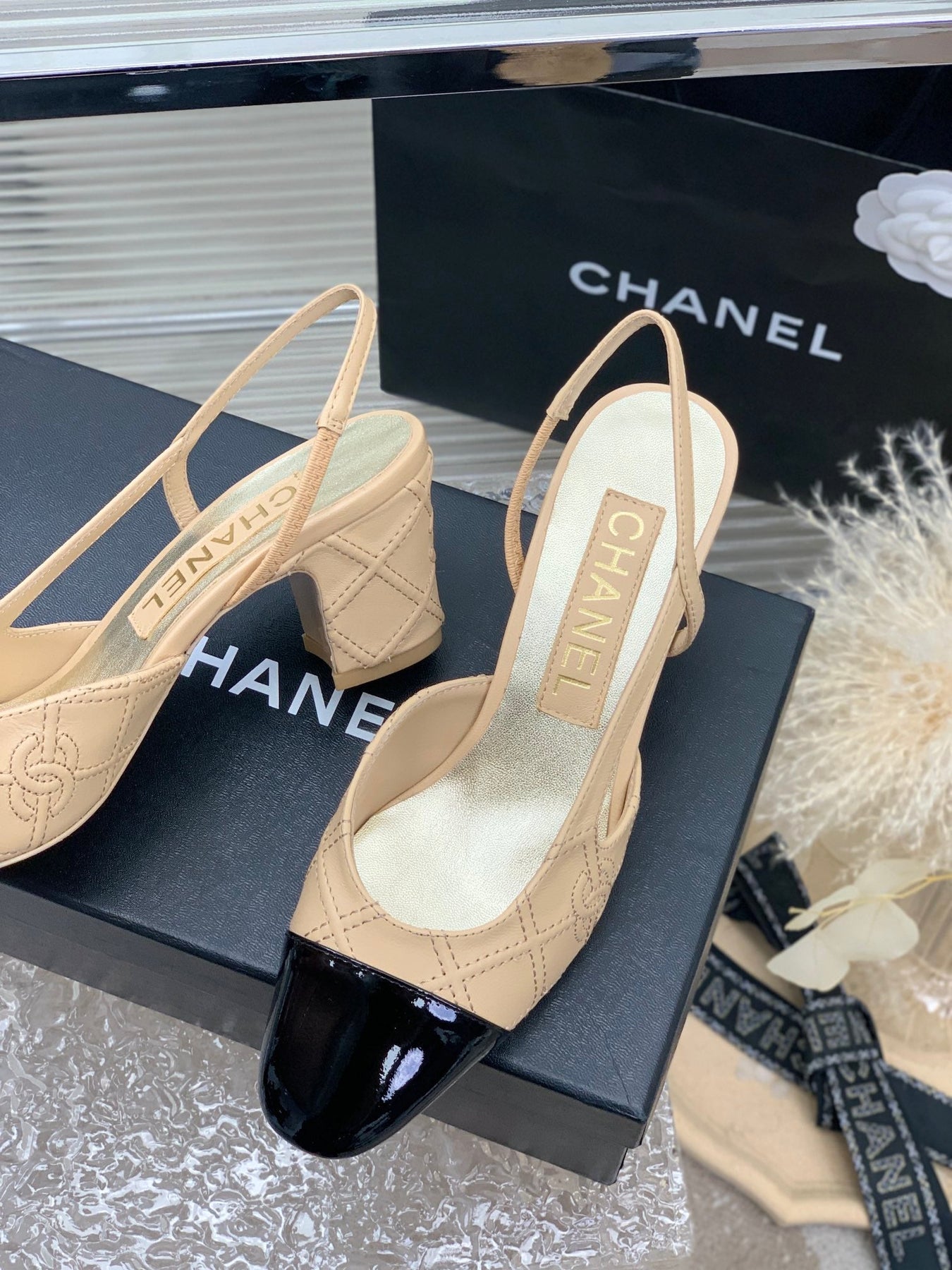 HIGH SLINGBACKS 65 BEIGE CREAM MIX BLACK CALFSKIN