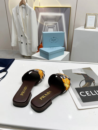 PRA EMBROIDERED SLIDES FLAT CHOCOLATE FABRIC