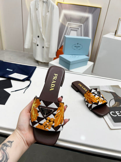 PRA EMBROIDERED SLIDES FLAT CHOCOLATE FABRIC