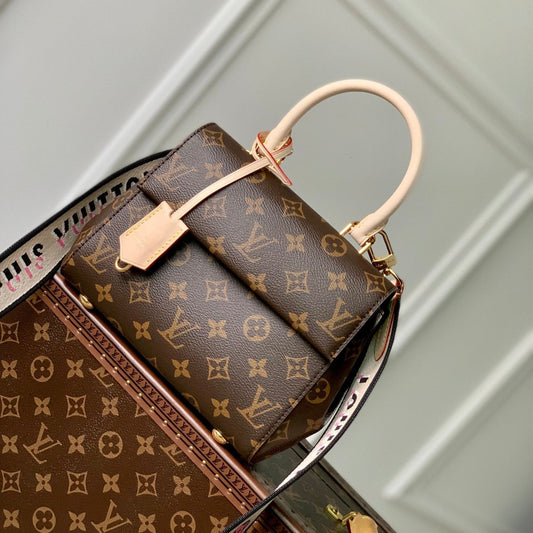 CLUNY BB MINI HANDBAG 20 IN BROWN MONOGRAM CALFSKIN BEIGE BLACK EMBROIDERED LOGO CANVAS