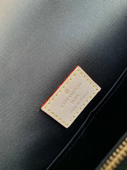 CLUNY MM HANDBAG 28 IN BROWN MONOGRAM CALFSKIN BEIGE BLACK EMBROIDERED LOGO CANVAS