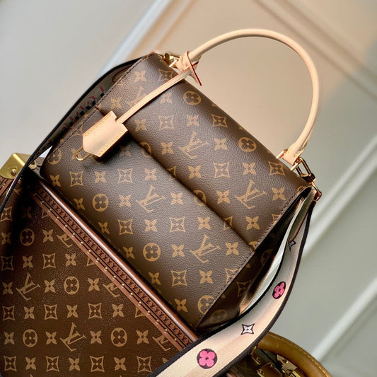CLUNY MM HANDBAG 28 IN BROWN MONOGRAM CALFSKIN BEIGE BLACK EMBROIDERED LOGO CANVAS