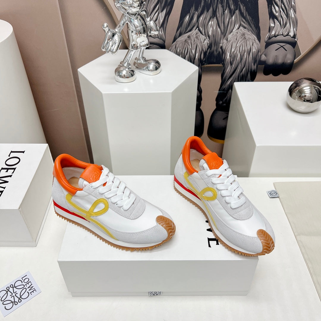 FLOW RUNNER SNEAKER IN PALE GRAY MIX VIVID ORANGE SUEDE AND SHEEPSKIN
