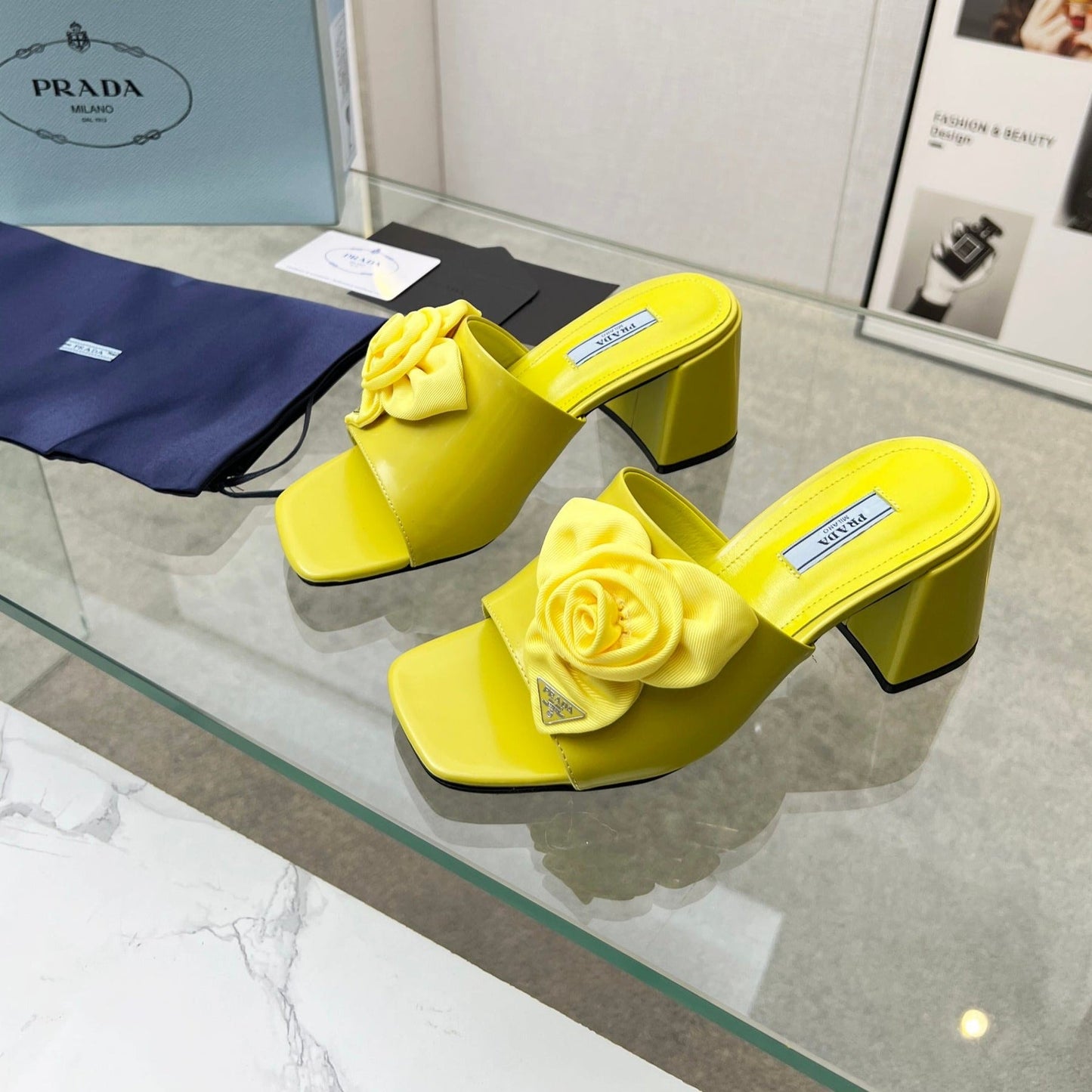 PRA FLOWER BLOCK HEELS 75 LEMON CALFSKIN