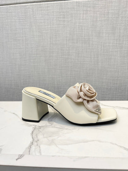 PRA FLOWER BLOCK HEELS 75 IVORY CALFSKIN