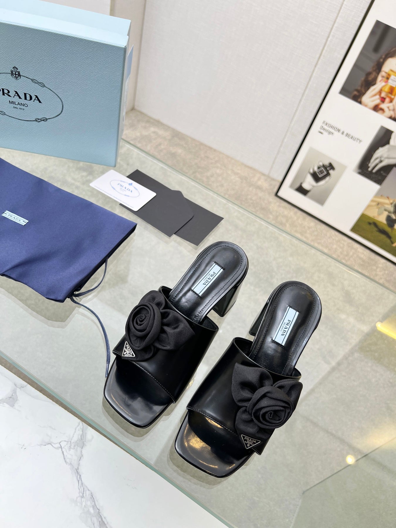 PRA FLOWER BLOCK HEELS 75 BLACK CALFSKIN