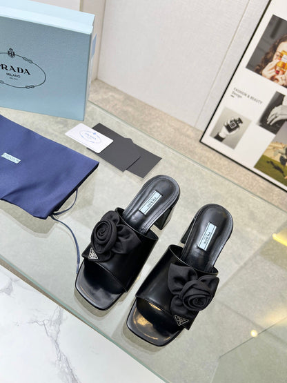 PRA FLOWER BLOCK HEELS 75 BLACK CALFSKIN