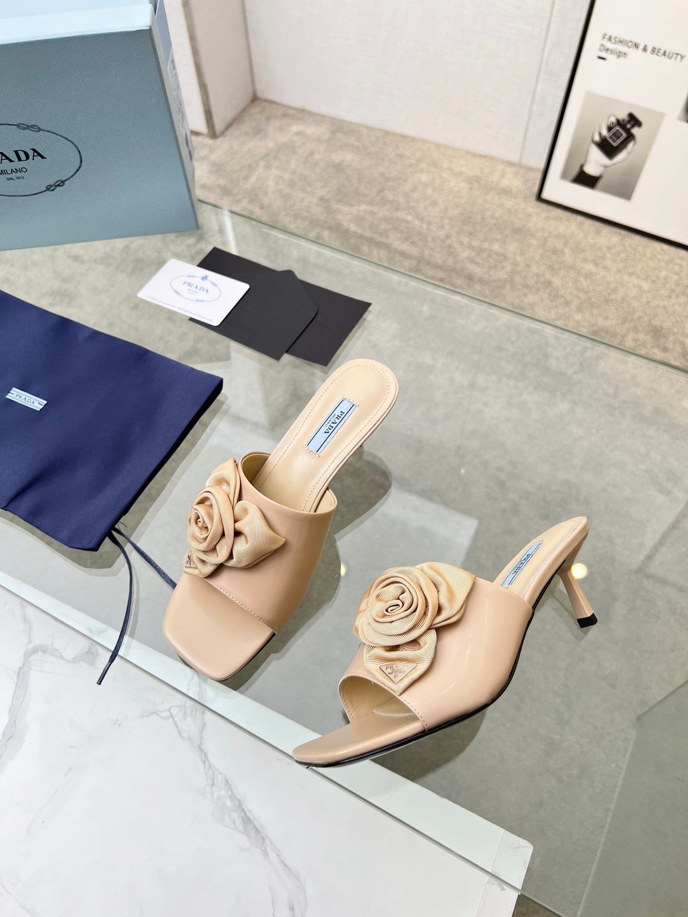 PRA FLOWER POINTED HEELS 55 BEIGE CALFSKIN