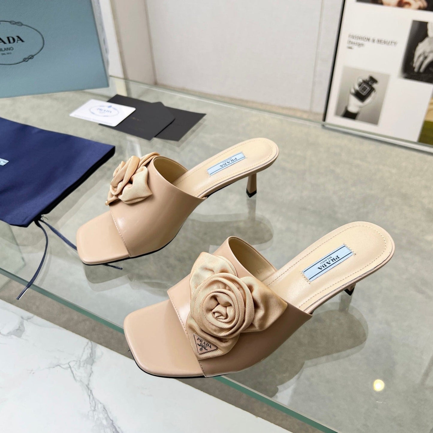 PRA FLOWER POINTED HEELS 55 BEIGE CALFSKIN