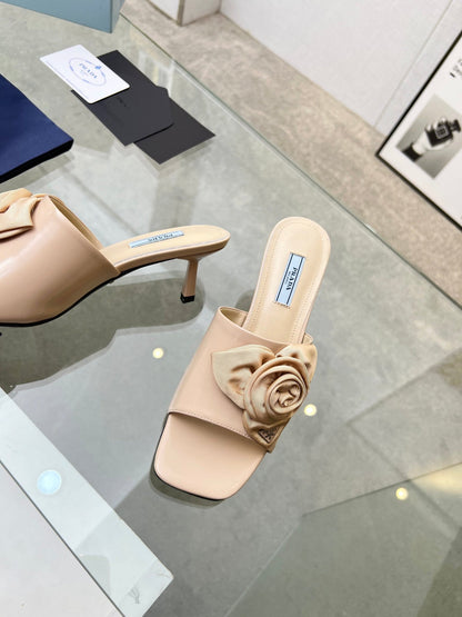 PRA FLOWER POINTED HEELS 55 BEIGE CALFSKIN