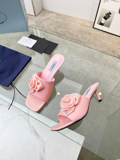 PRA FLOWER POINTED HEELS 55 LIGHT PINK CALFSKIN