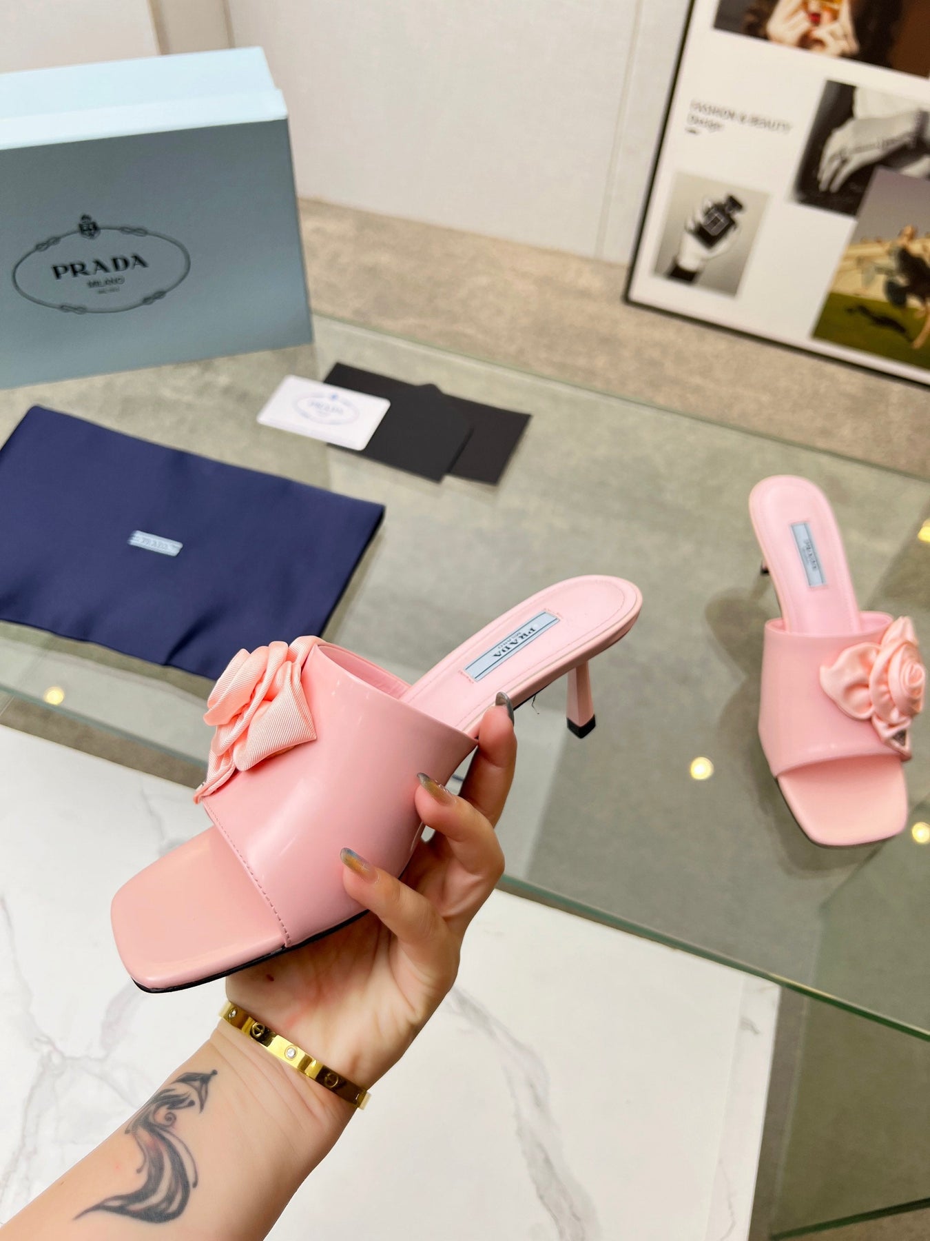 PRA FLOWER POINTED HEELS 55 LIGHT PINK CALFSKIN