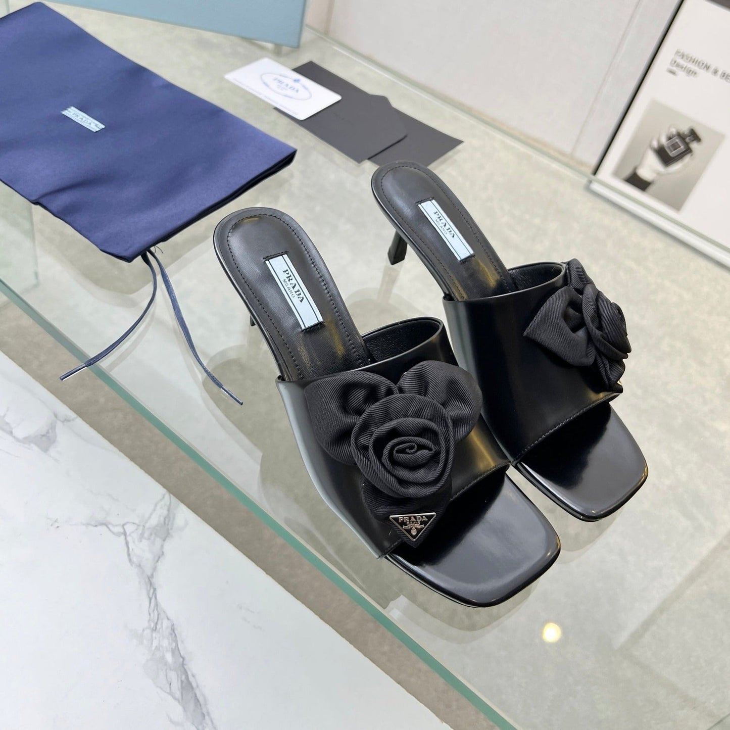 PRA FLOWER POINTED HEELS 55 BLACK CALFSKIN