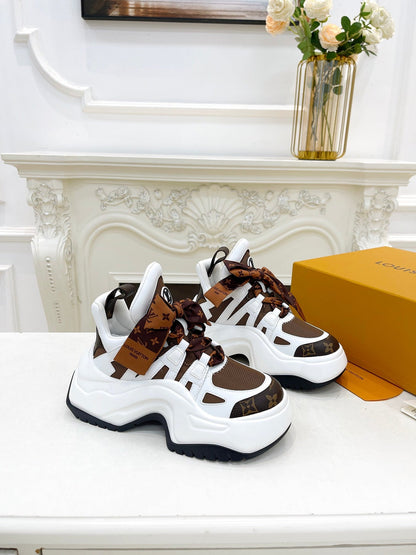 LV ARCHLIGHT 2.0 PLATFORM SNEAKER IN WHITE MIX CHOCOLATE BROWN MIX OF MATERIALS