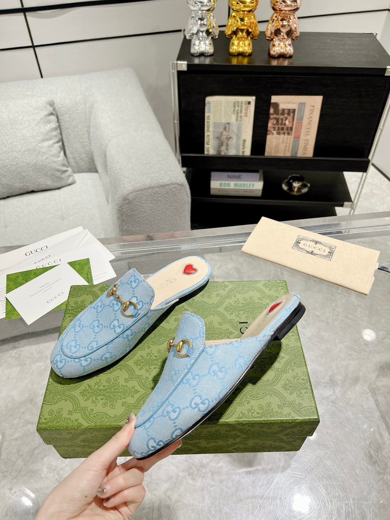 MEN'S MULE WITH HORSEBIT IN LIGHT BLUE MONOGRAM JACQUARD FABRIC