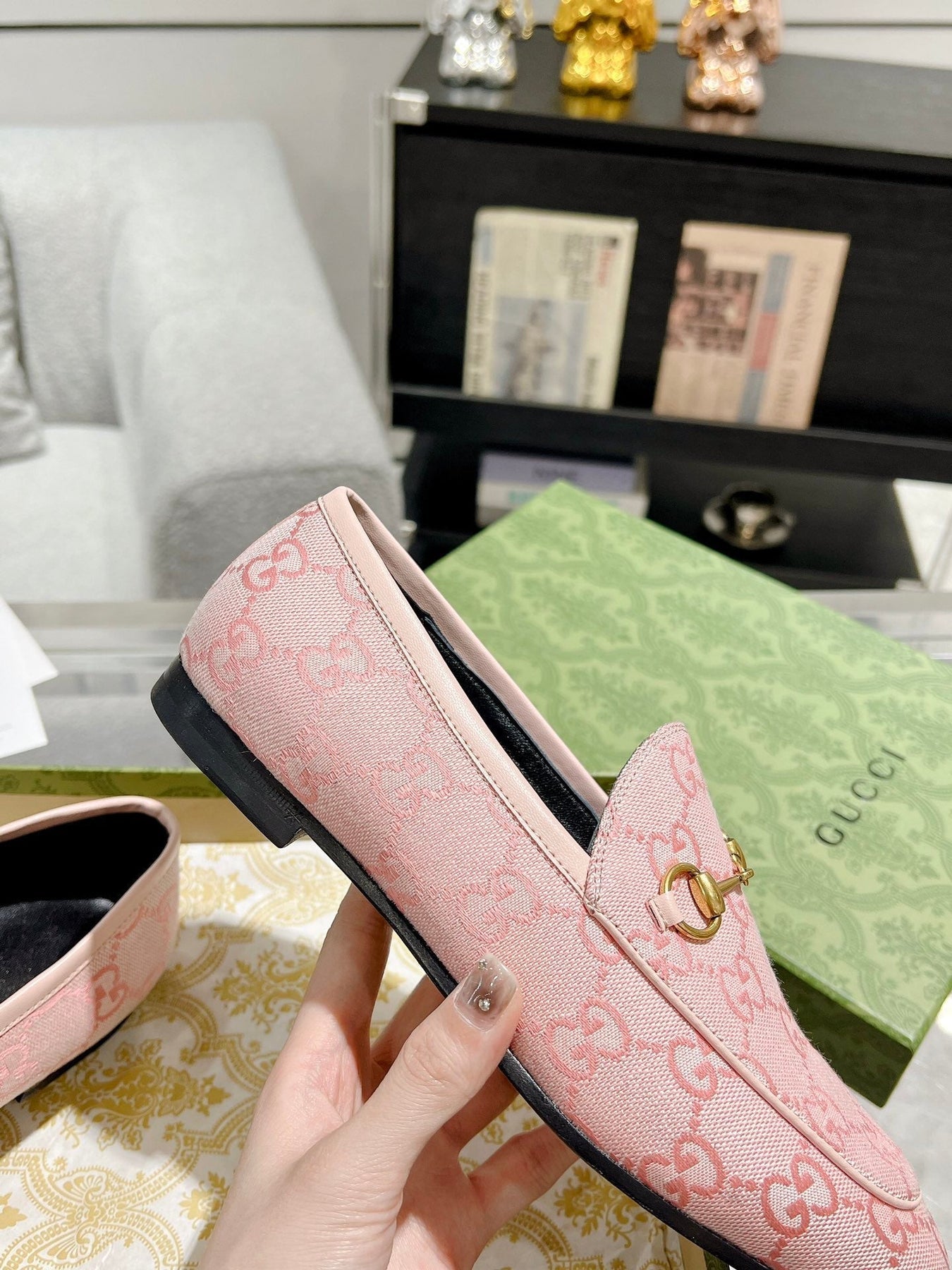 MEN'S LOAFER WITH HORSEBIT IN PINK PASTEL MONOGRAM JACQUARD FABRIC