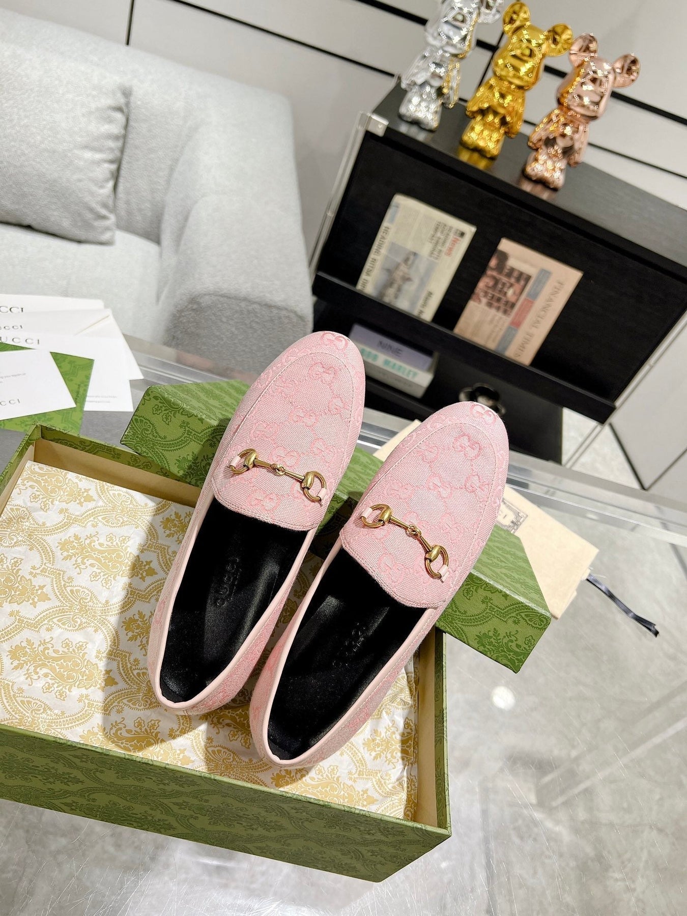 MEN'S LOAFER WITH HORSEBIT IN PINK PASTEL MONOGRAM JACQUARD FABRIC