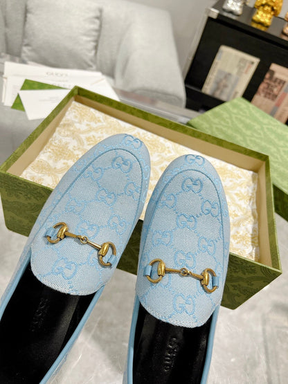 MEN'S LOAFER WITH HORSEBIT IN LIGHT BLUE MONOGRAM JACQUARD FABRIC