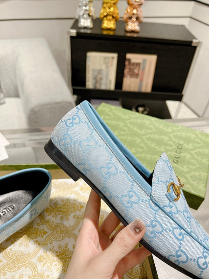 MEN'S LOAFER WITH HORSEBIT IN LIGHT BLUE MONOGRAM JACQUARD FABRIC