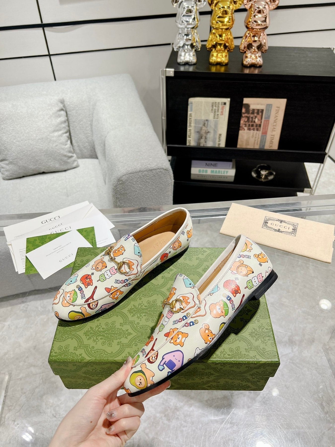 HORSEBIT LOAFER WITH CUTE ANIMAL PRINT IN WHITE CALFSKIN