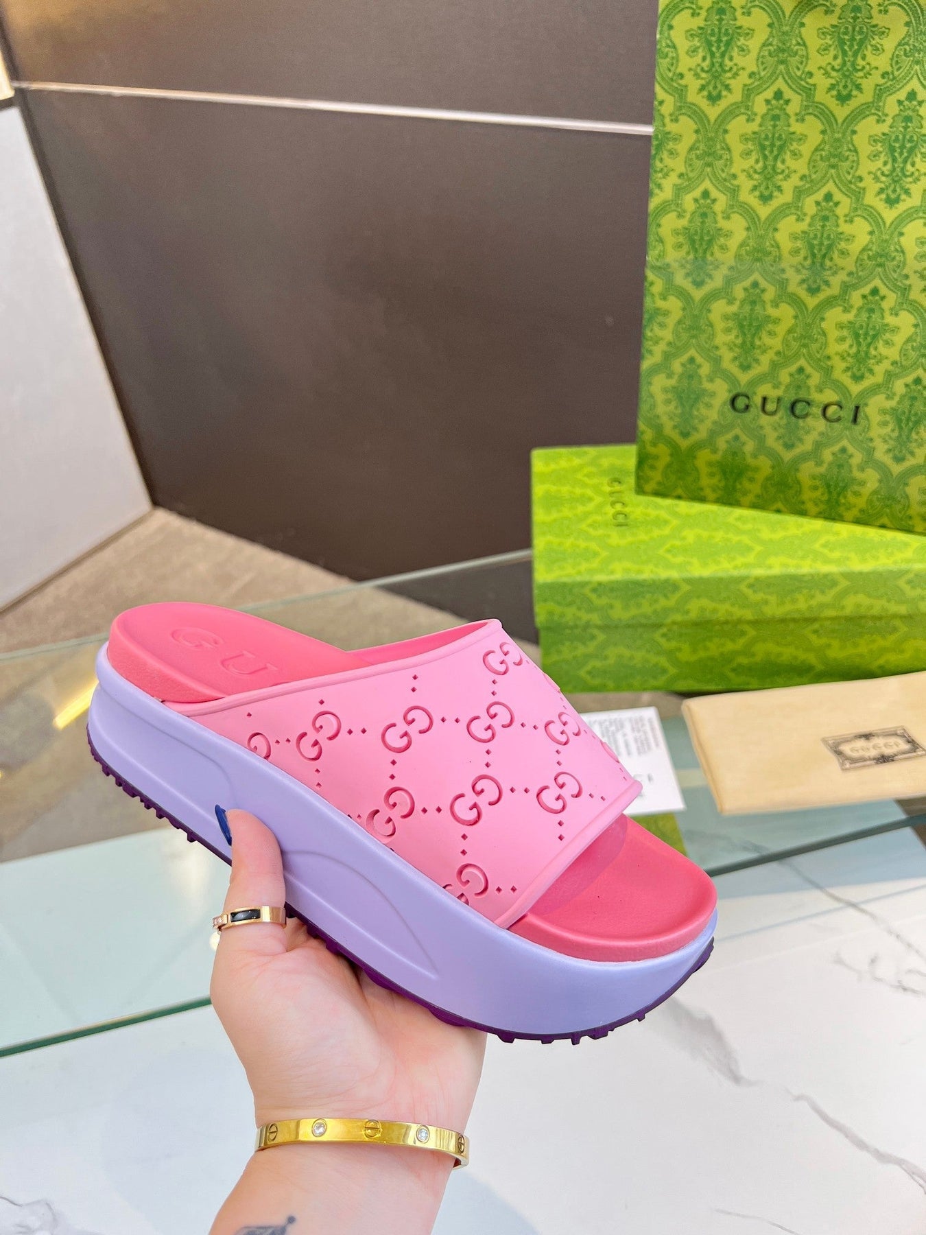 PLATFORM SANDALS IN BABY PINK MONOGRAM IMPORTED TPU